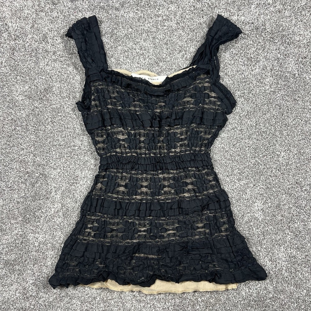 Max Studio Black Lace & Mesh Babydoll Fitted Waist Top XS Whimsigoth Fairycore